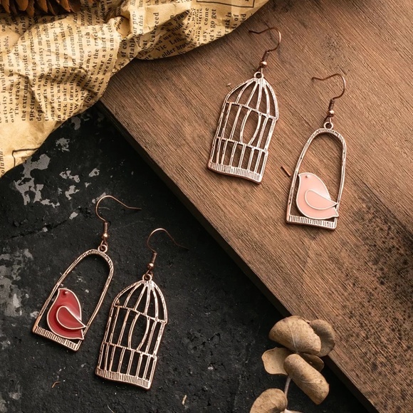 Bird Cage Antique Bronze Gold Chic Pink Earrings - Picture 5 of 8